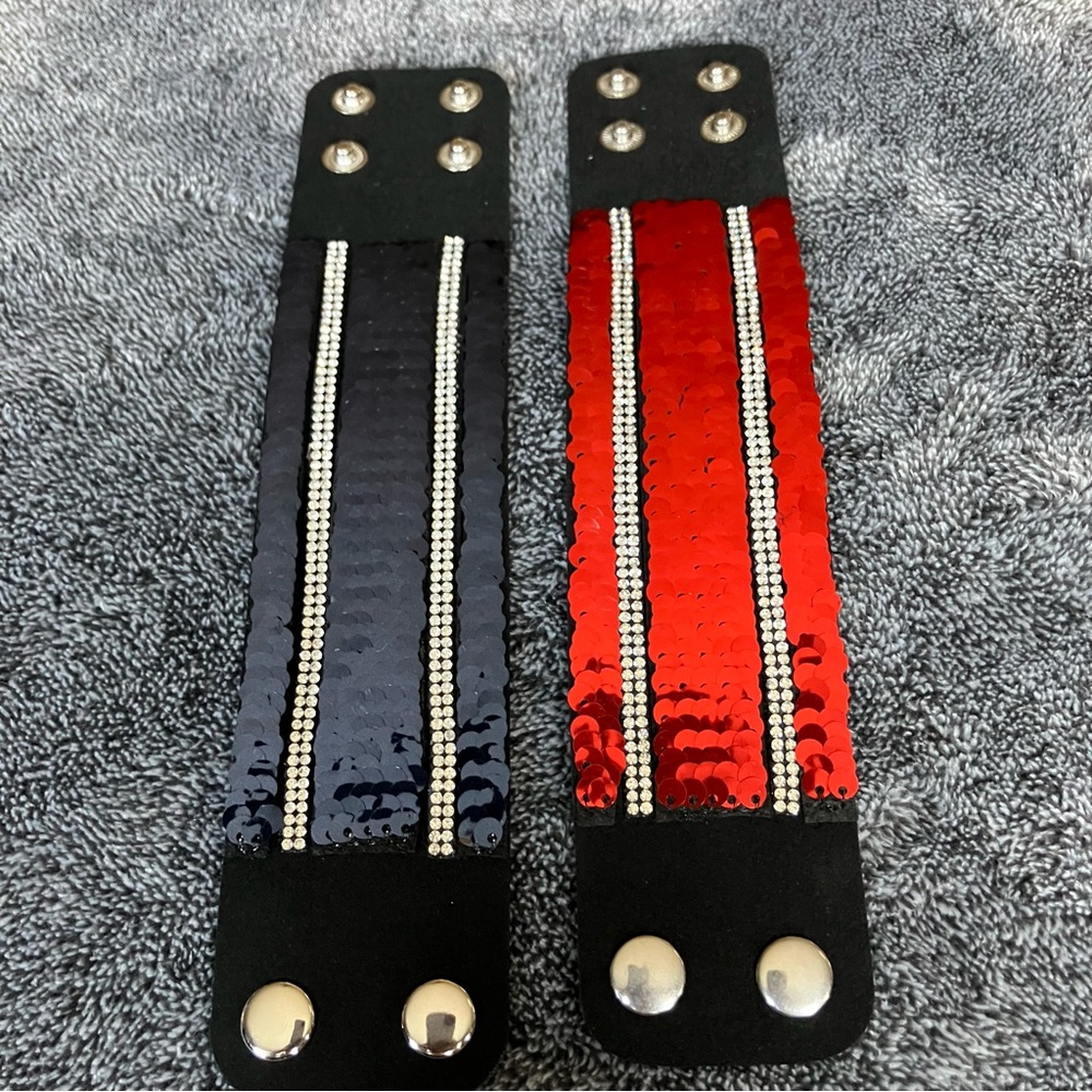 Sequin Snap Wrap Bracelet Pair - Red & Navy Blue with Rhinestone‎ Stripes